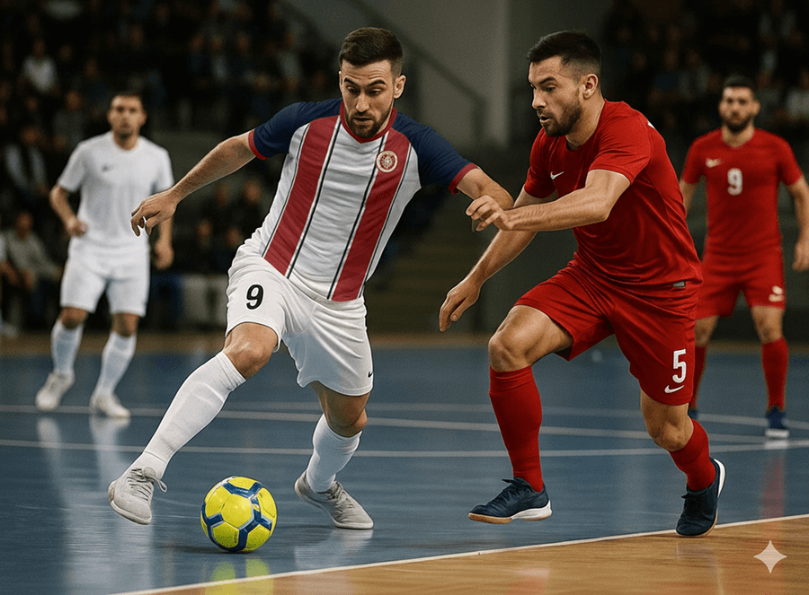 Indoor soccer players competing